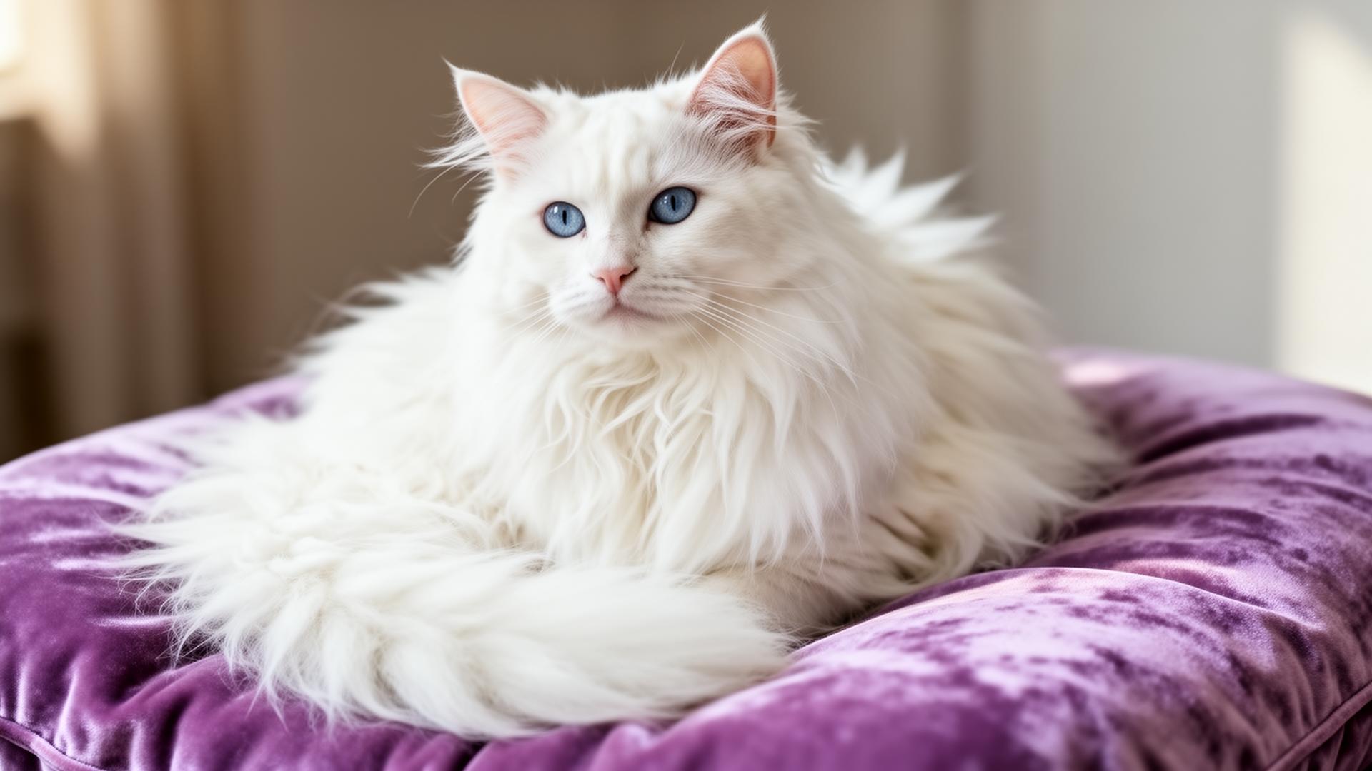 Gato Angora blanco de pelaje largo sobre cojín lila